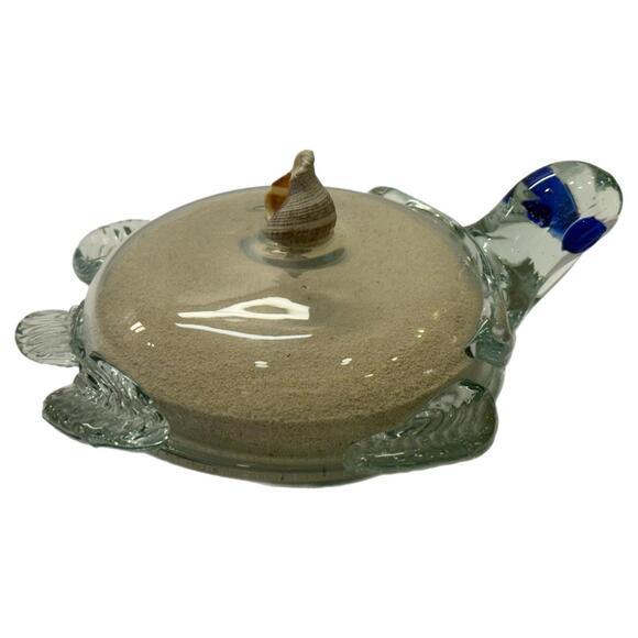 Sea Turtle Art Blown Glass Filled with Sand & Shell Beach Décor – Clear – Blue - Picture 3 of 5